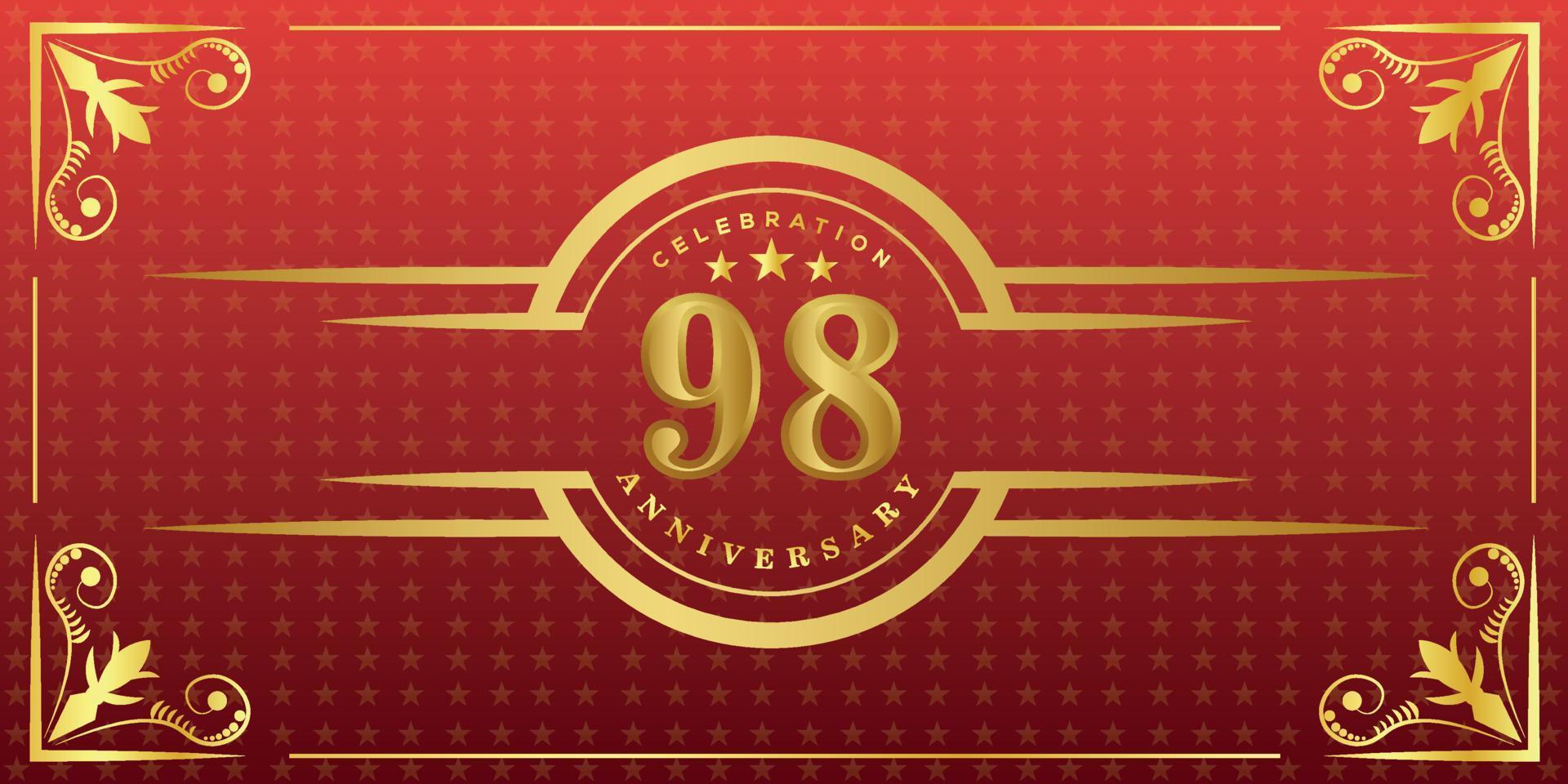 98th anniversary logo with golden ring, confetti and gold border isolated on elegant red background, sparkle, vector design for greeting card and invitation card