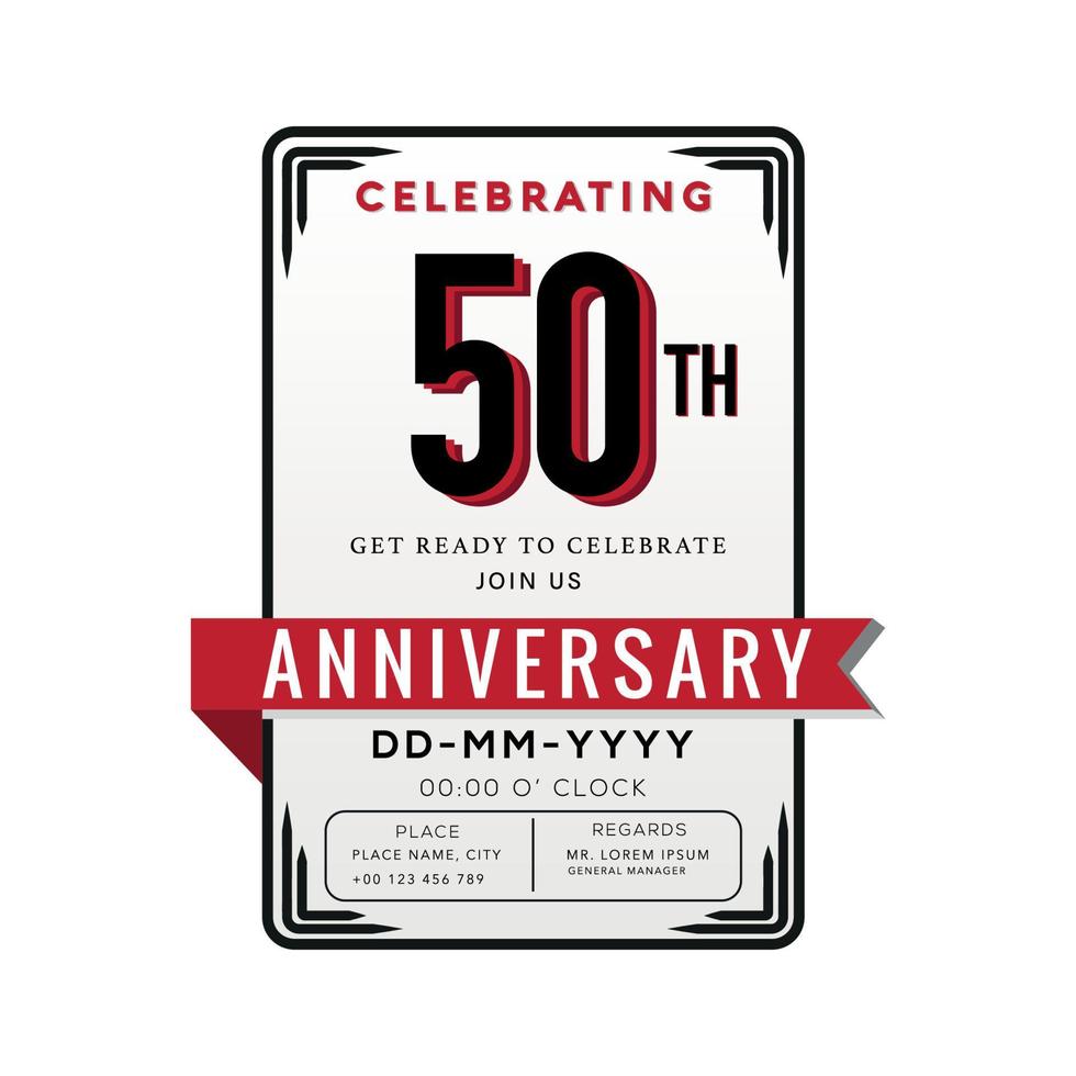 Celebración del logotipo del aniversario de 50 años y tarjeta de invitación con cinta roja aislada en fondo blanco vector