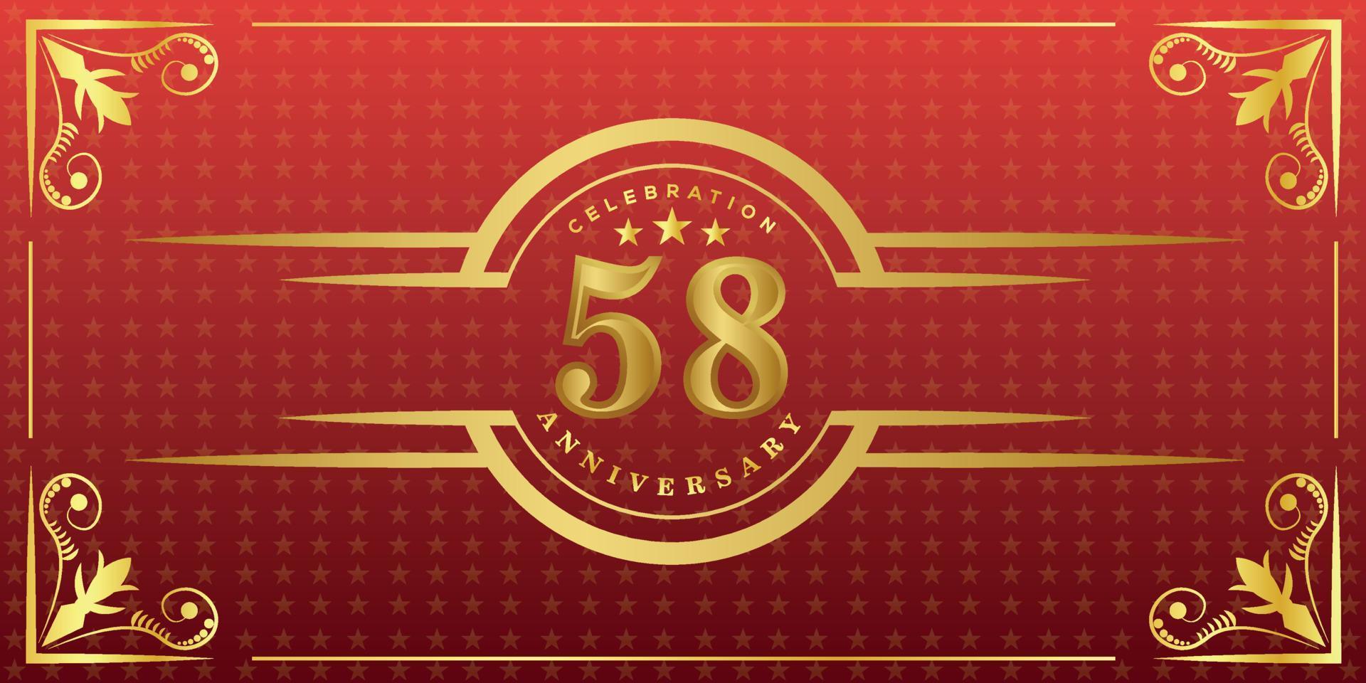 58th anniversary logo with golden ring, confetti and gold border isolated on elegant red background, sparkle, vector design for greeting card and invitation card