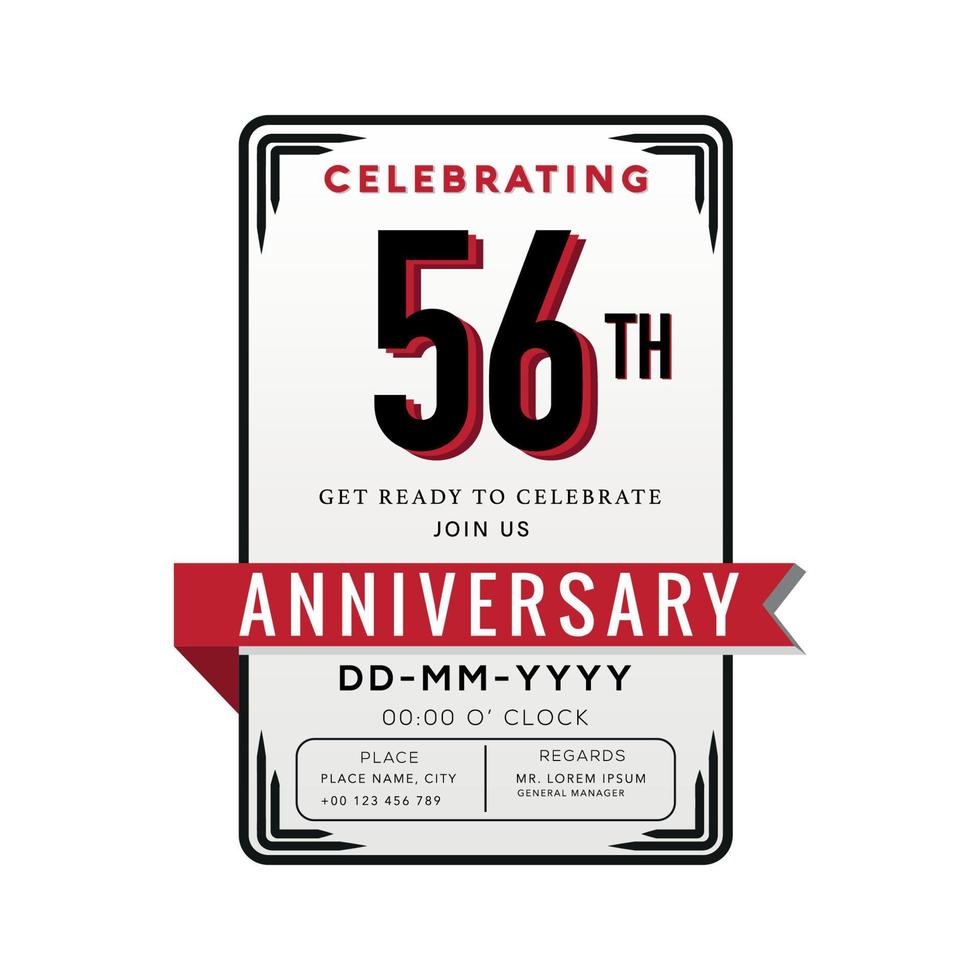 56 Years Anniversary Logo Celebration and Invitation Card with red ribbon Isolated on white Background vector