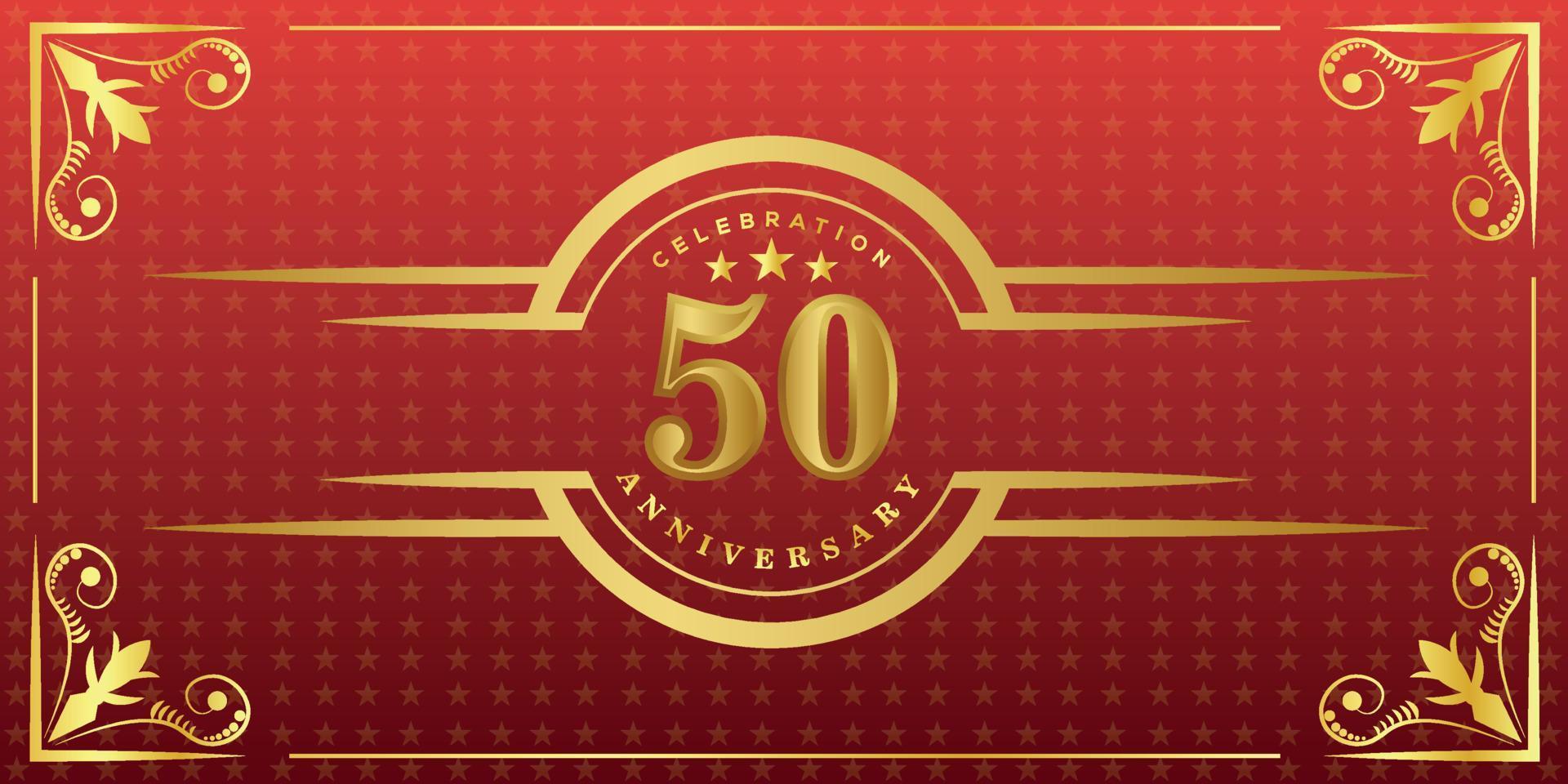 50th anniversary logo with golden ring, confetti and gold border isolated on elegant red background, sparkle, vector design for greeting card and invitation card