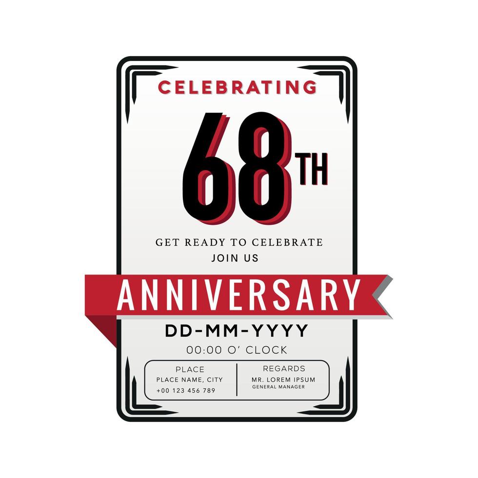 68 Years Anniversary Logo Celebration and Invitation Card with red ribbon Isolated on white Background vector