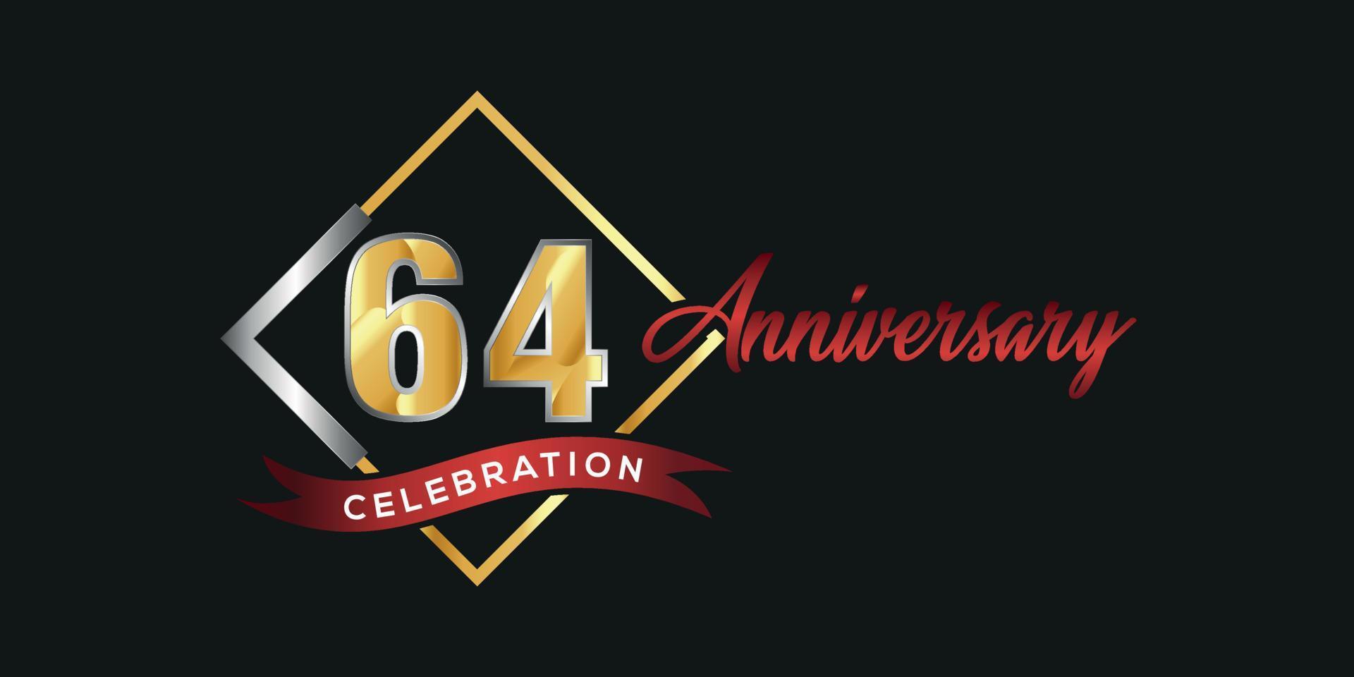 64th anniversary logo with golden and silver box, confetti and red ribbon isolated on elegant black background, vector design for greeting card and invitation card