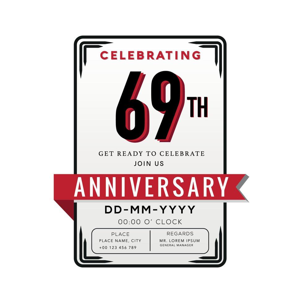 69 Years Anniversary Logo Celebration and Invitation Card with red ribbon Isolated on white Background vector