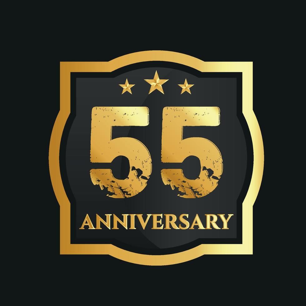 Celebrating 55th years anniversary with golden border and stars on dark background, vector design.