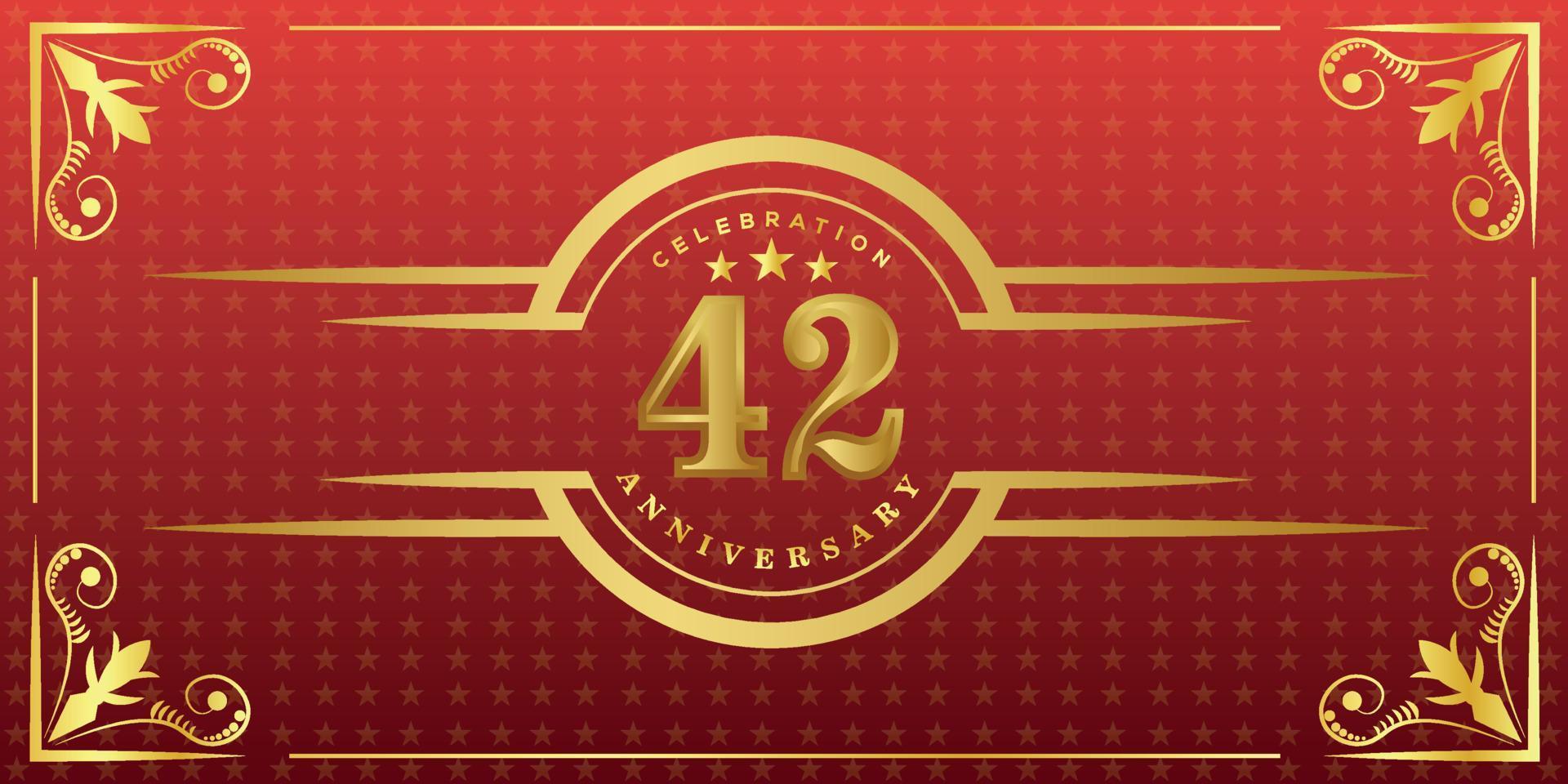 42nd anniversary logo with golden ring, confetti and gold border isolated on elegant red background, sparkle, vector design for greeting card and invitation card