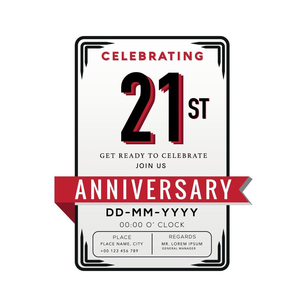 21 Years Anniversary Logo Celebration and Invitation Card with red ribbon Isolated on white Background vector