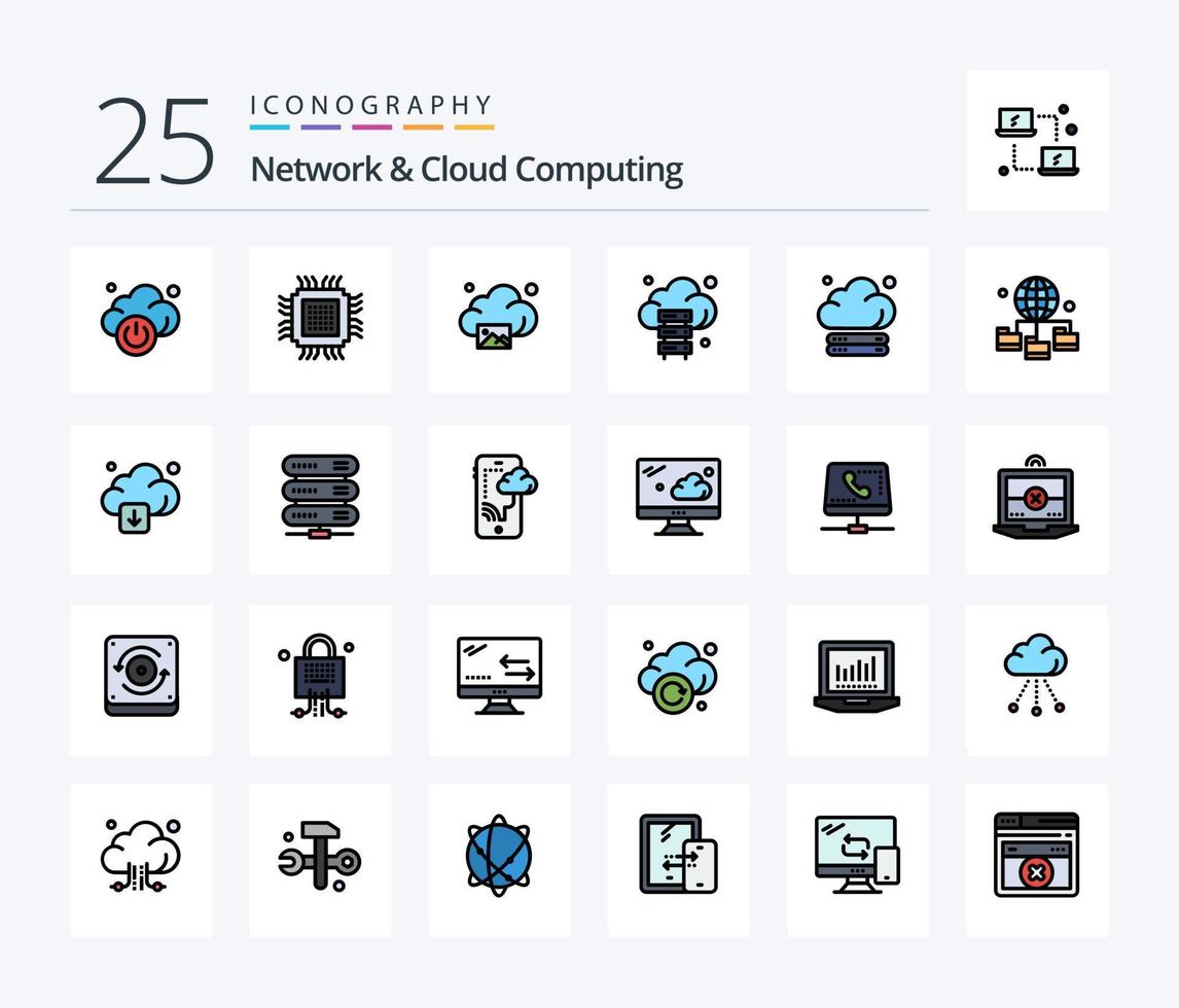 Network And Cloud Computing 25 Line Filled icon pack including connection. technology. cloud. storage. cloud vector