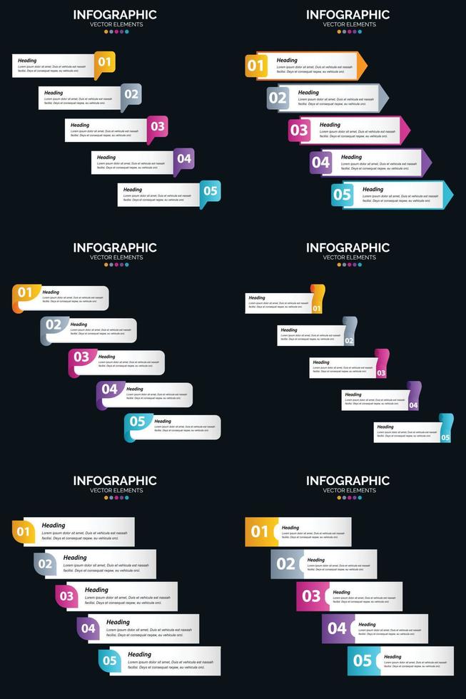 plantilla de diapositiva de presentación del paquete de infografías vectoriales 6 diagramas de ciclo de 5 pasos y líneas de tiempo vector