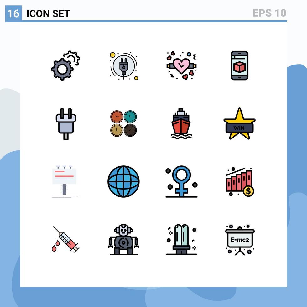 Set of 16 Commercial Flat Color Filled Lines pack for power cord watch connector technology Editable Creative Vector Design Elements