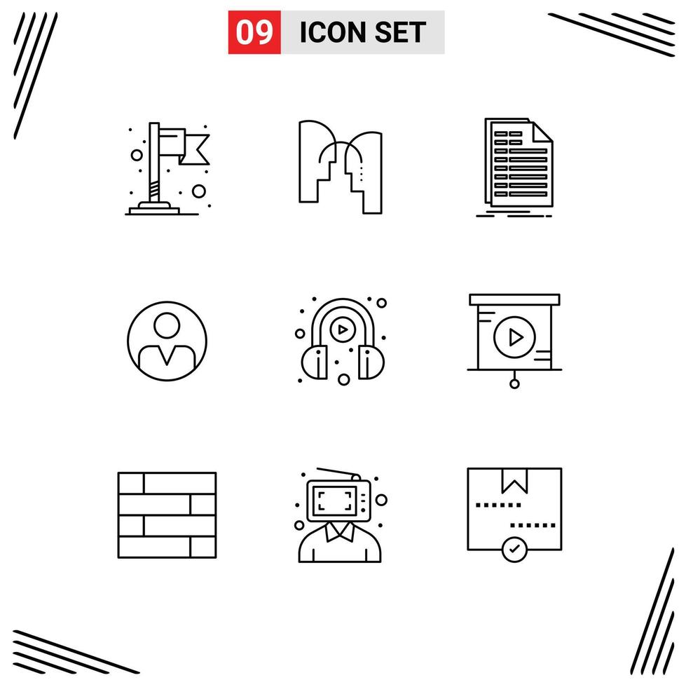 Universal Icon Symbols Group of 9 Modern Outlines of headphone user excel profile personal Editable Vector Design Elements