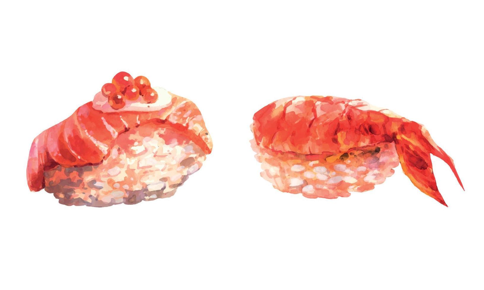 Watercolor hand drawn set of sushi. Japanese food, isolated on white background. Japanese restaurant menu. vector