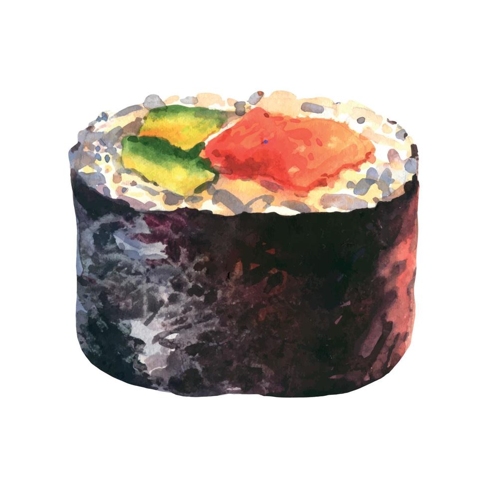 Watercolor sushi maki with salmon, avocado and cream cheese. Classic Japonis roll. Watercolor illustration isolated on white background. vector