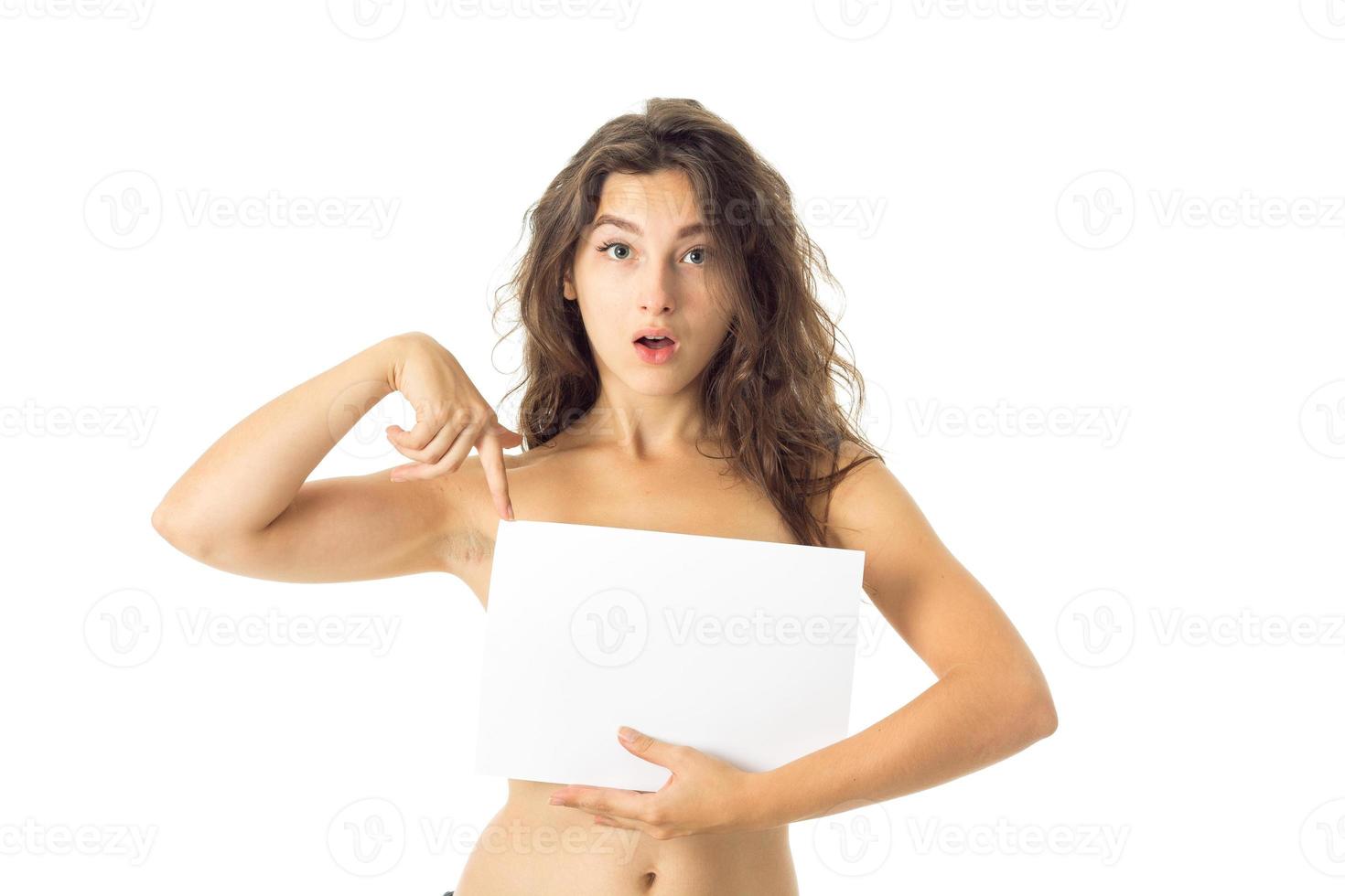 nude brunette girl with placard photo