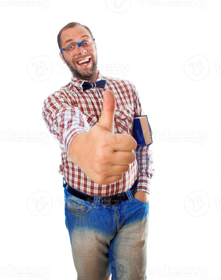 cool guy nerd with a book under his arm showing gesture - Class photo