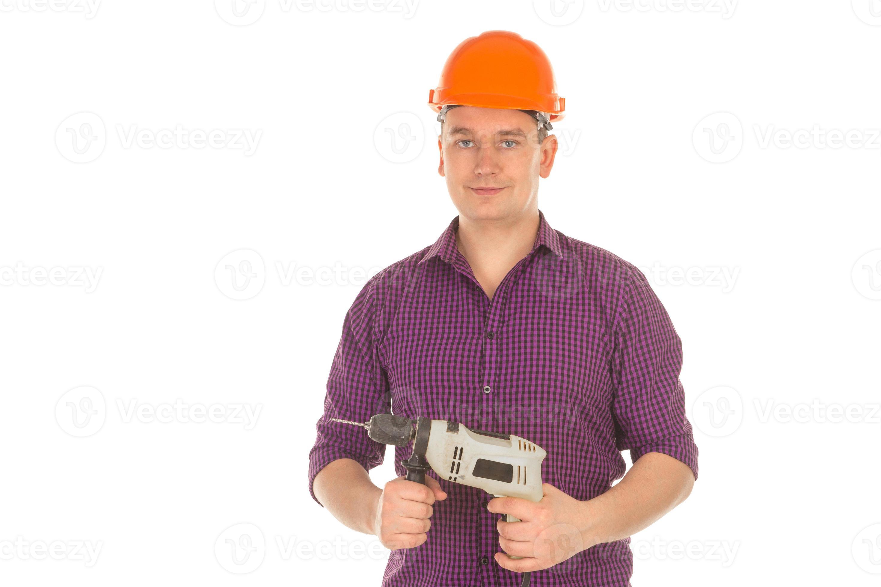 builder in hardhat with drill in hands 16037033 Stock Photo at Vecteezy