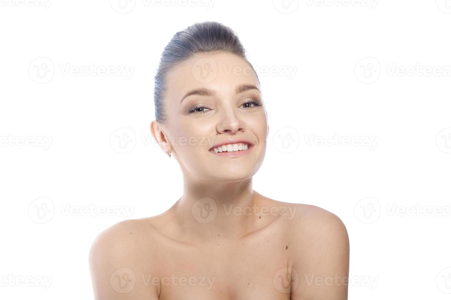 happy young lady with brown eyes smiling photo