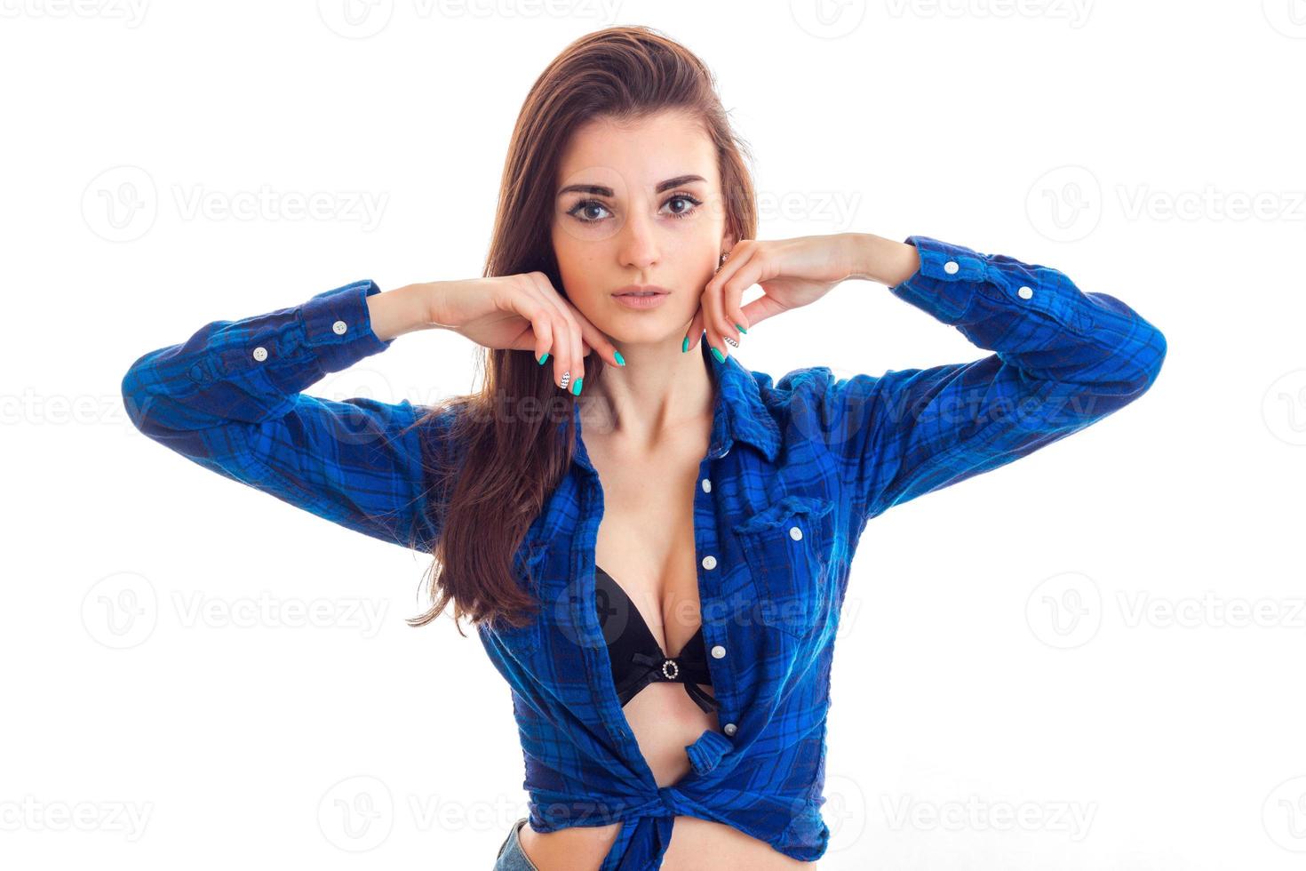 horizontal portrait of Ravishing brunettes in unbuttoned shirt photo