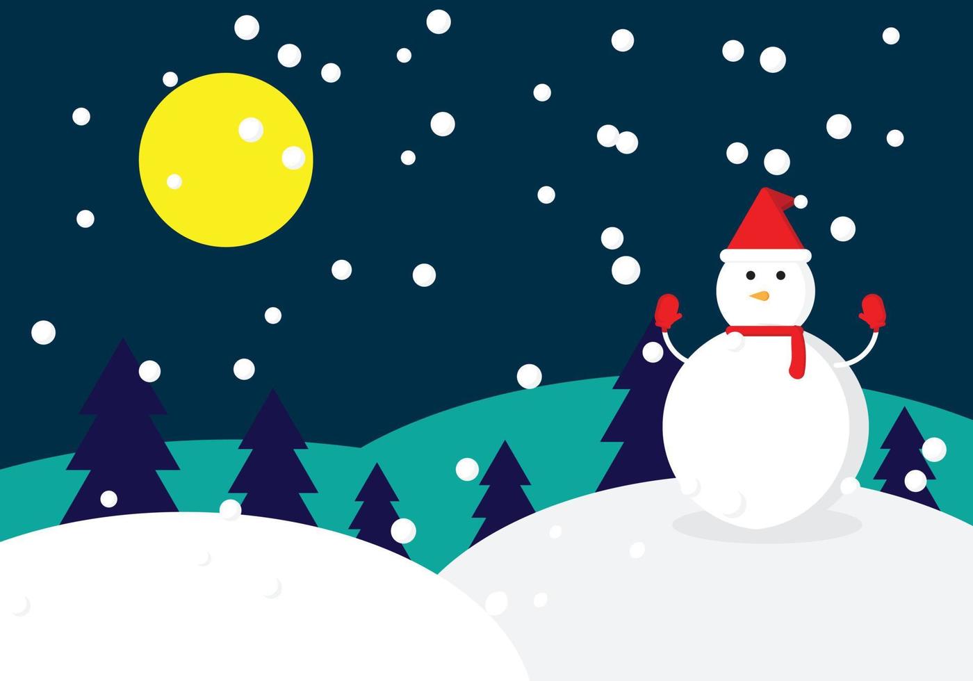 Snowman and snow falling at night at christmas Christmas tree and moon. vector