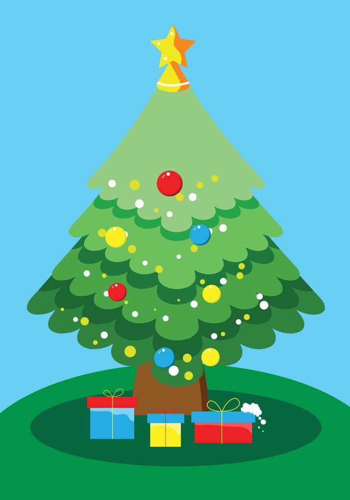 árbol de navidad en el festival las hojas verdes del árbol marrón tienen una caja de regalo debajo del árbol. y la estrella amarilla en el árbol. vector