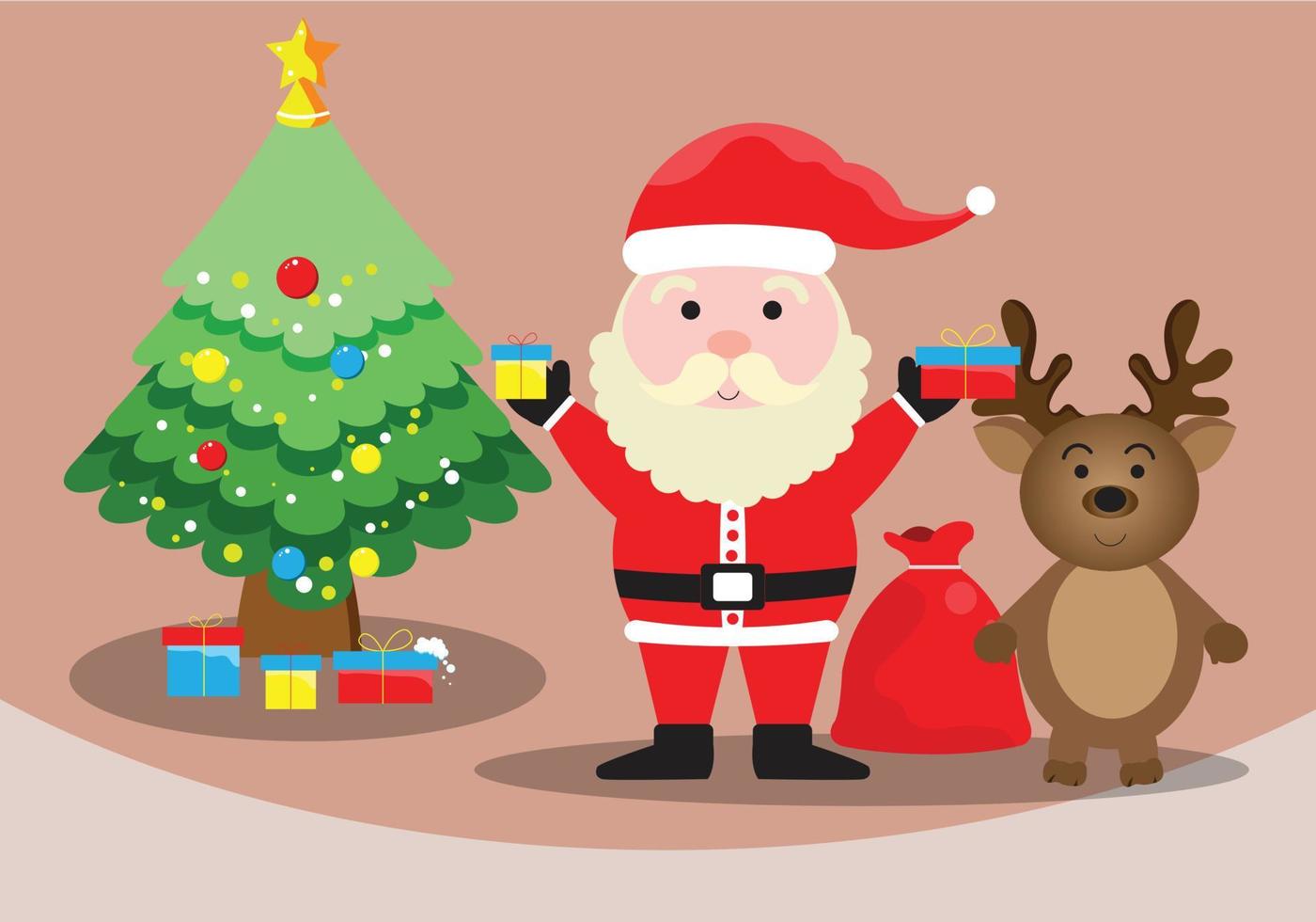 tío santa claus sosteniendo una caja de regalo y una bolsa roja. hay un ciervo y un árbol de navidad con cajas de regalo debajo del árbol. vector