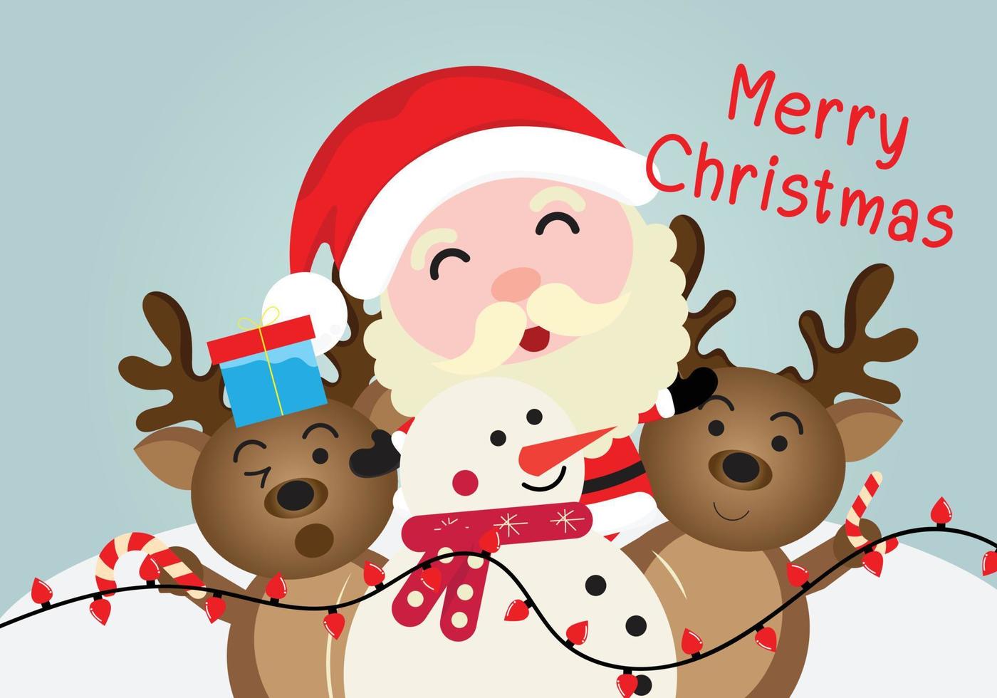 santa claus and deer cartoon christmas character, cute santa claus in flat style christmas card and banner vector. vector