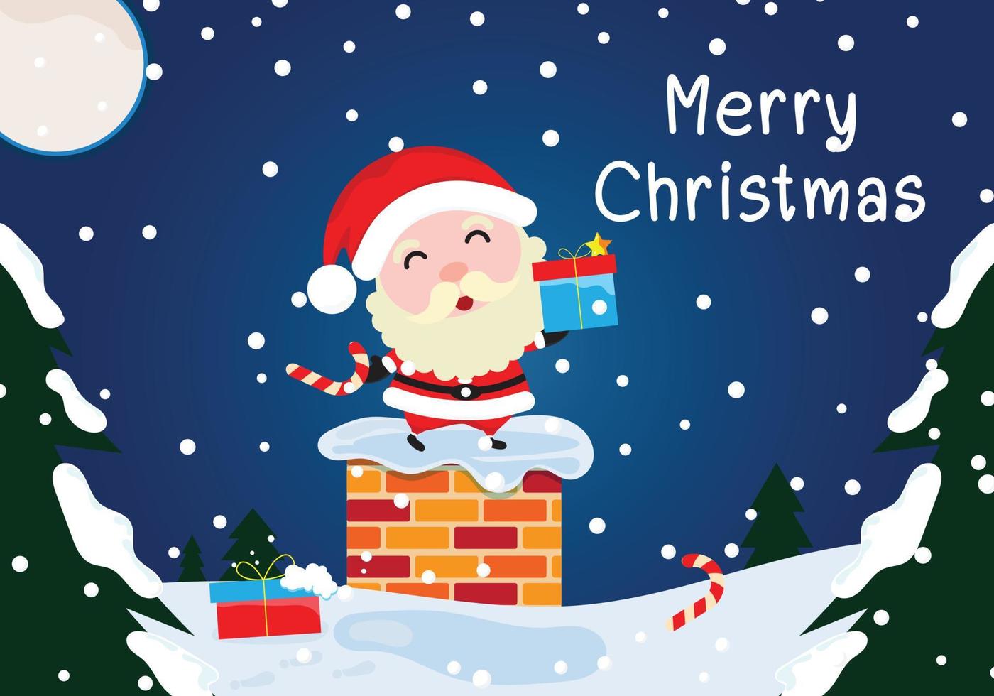 Santa Claus vector character and Merry Christmas greeting in blue background banner.Santa Claus is entering the smokestack on a snowy day.