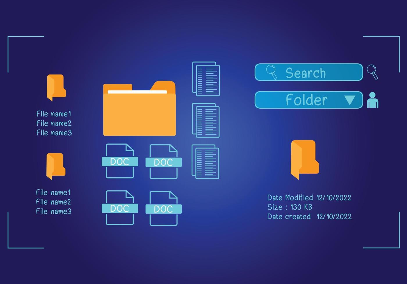 concepto de sistema de gestión de documentos, software de iconos de carpetas y documentos, búsqueda y gestión de archivos en la base de datos de documentos en línea, para un archivado eficiente vector