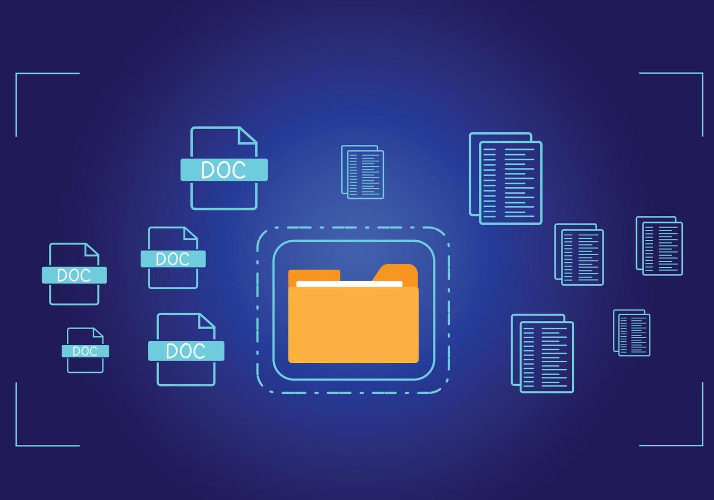 Document management system concept, folder and document icon software, searching and managing files online document database, for efficient archiving vector