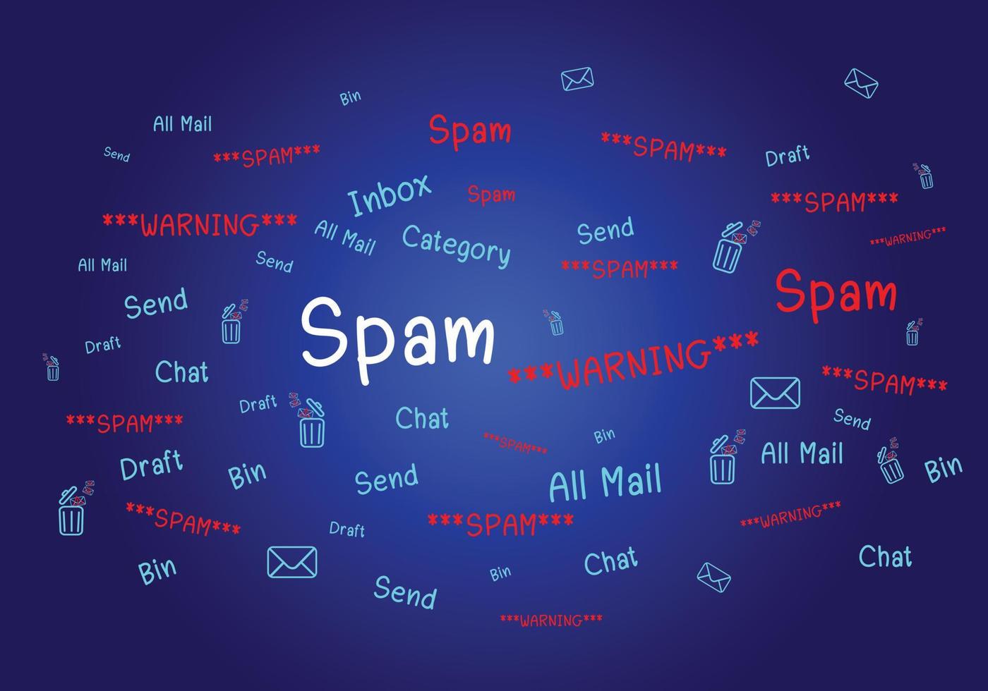 Concept of e-mail and computer viruses. Review the concepts of internet security, spam and e-marketing on screen. Spam email pop-up warnings. vector
