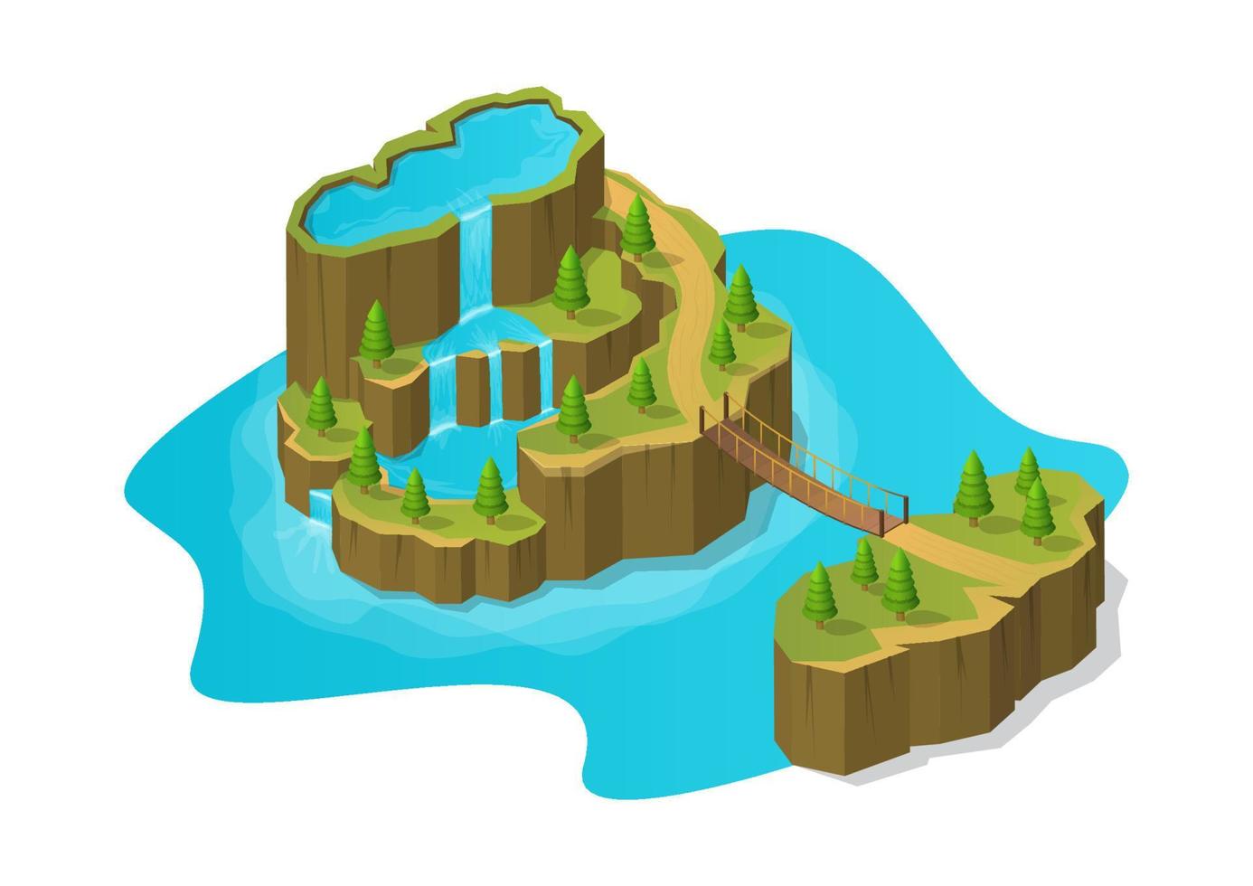 isometric two mountain islands with beautiful waterfall vector