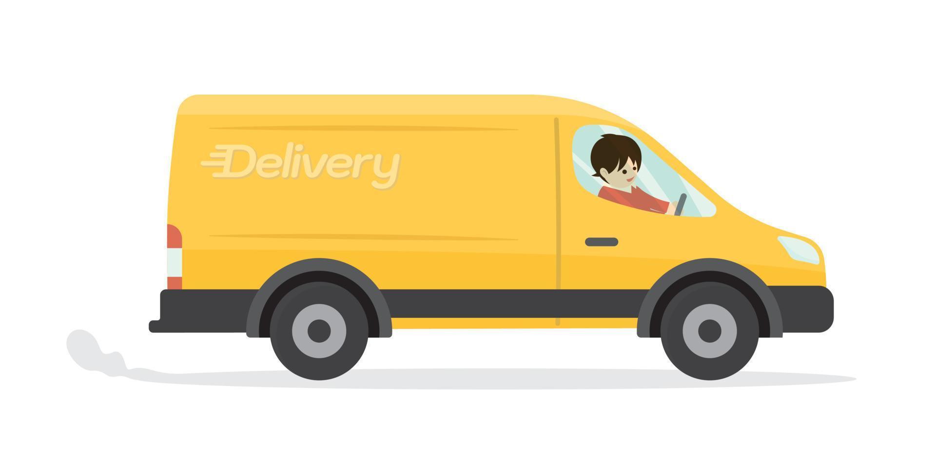 Delivery truck van with courier cartoon isolated on white background.  Vector illustration of yellow truck delivery flat design. 16059127 Vector  Art at Vecteezy