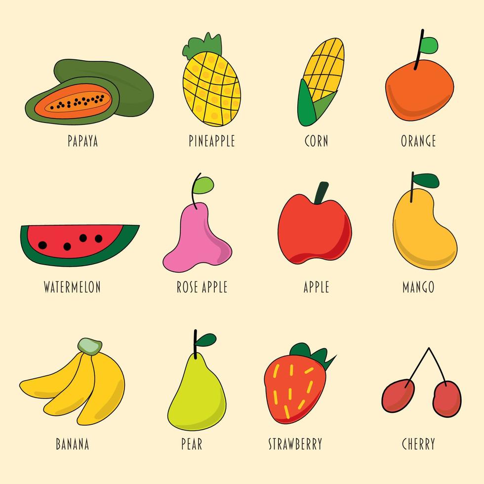 Various fruits childish hand drawn style. Illustration of kids drawing fruits concept. vector