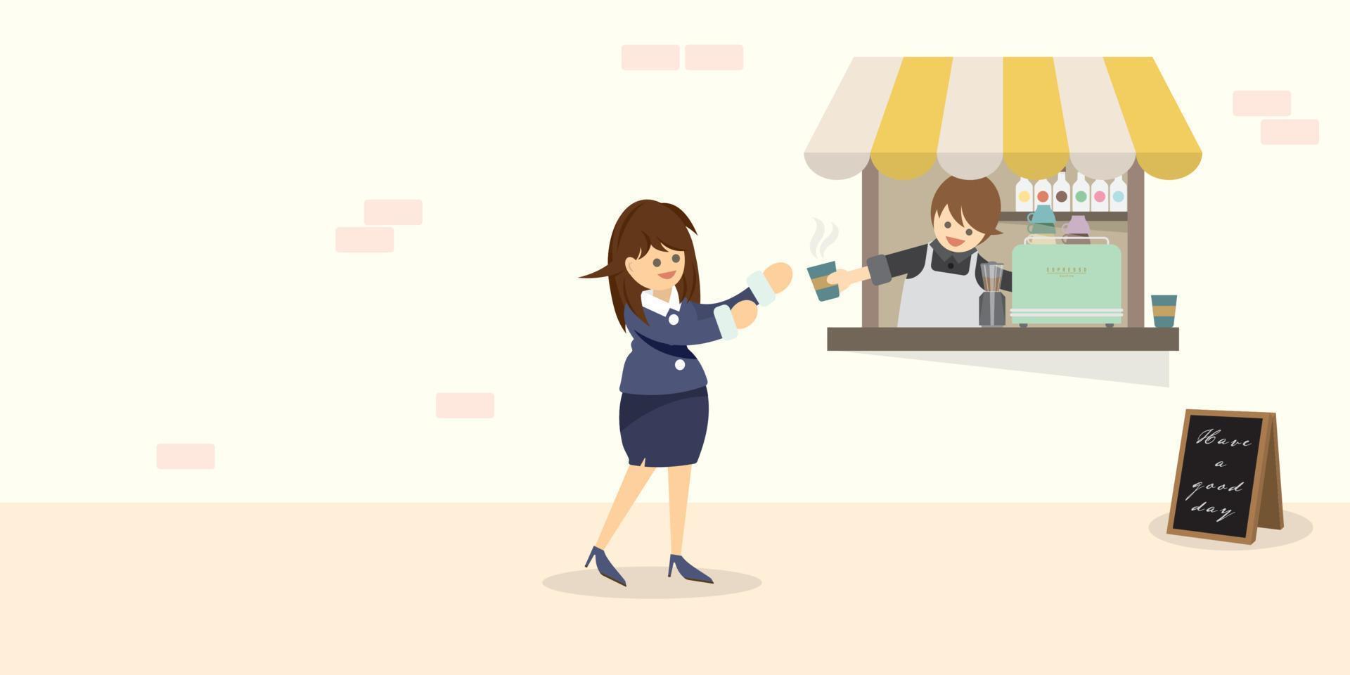 Male barista in street coffeeshop kiosk serving  a cup of hot drinks to female office worker as a customer vector flat illustration have blank space for advertisement wording.