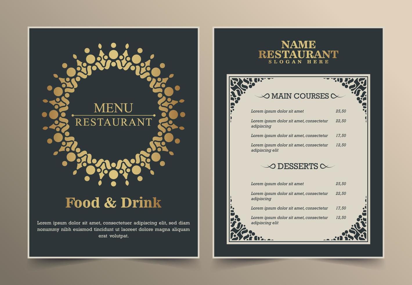 folleto de menú de restaurante de lujo oscuro y dorado vector