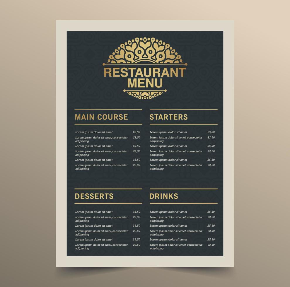 luxury dark and gold restaurant menu flyer vector