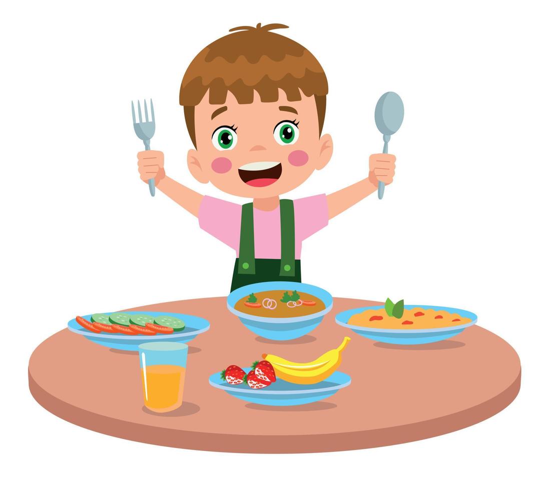 cute little boy eating at the dinner table vector