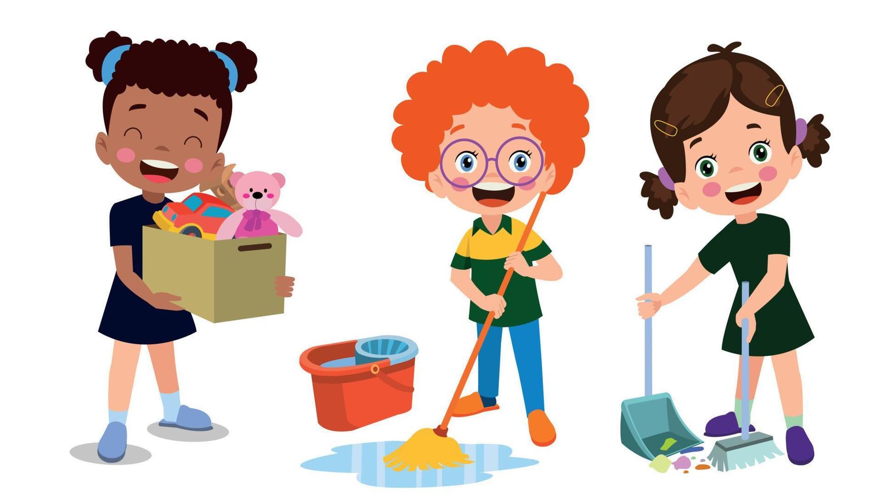 Vector Cartoon kids cleaning at home set Children in various cleaning positions