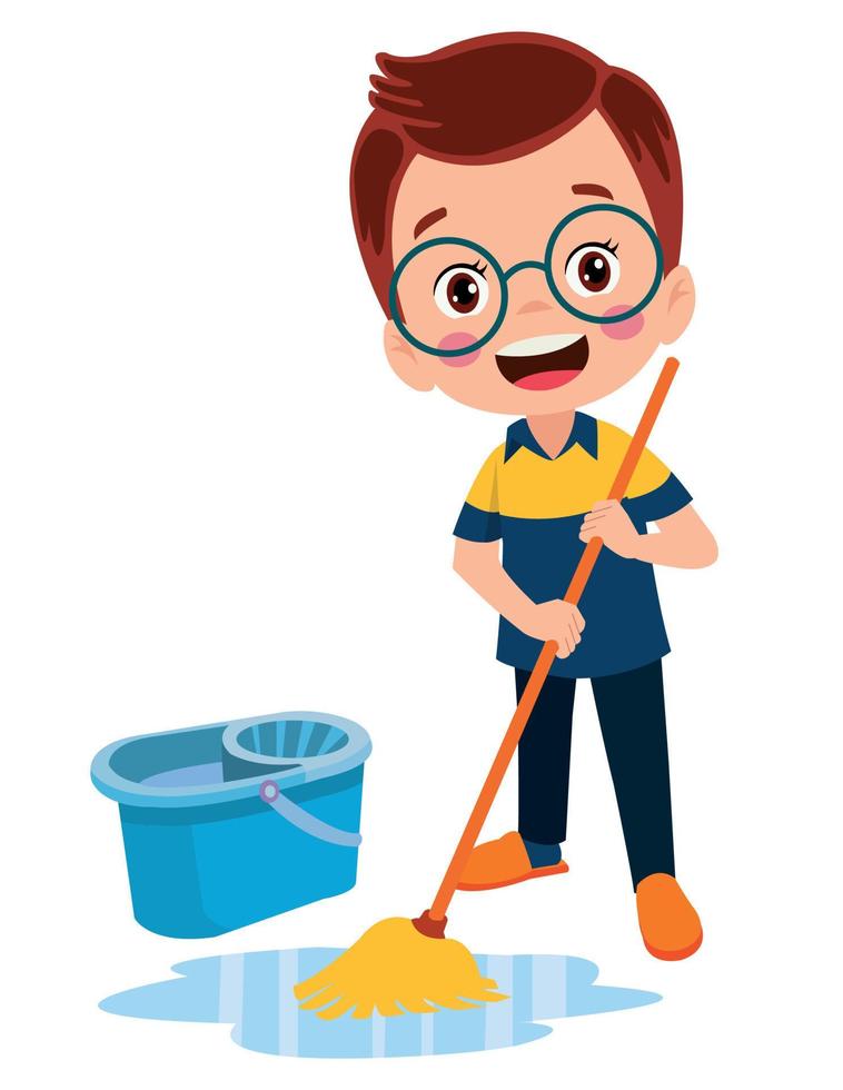 cute little boy cleaning with mop vector