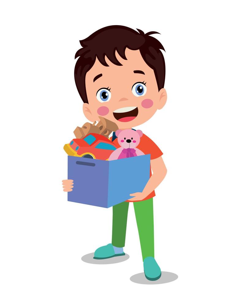 cute boy picking up his toys in the toy box vector