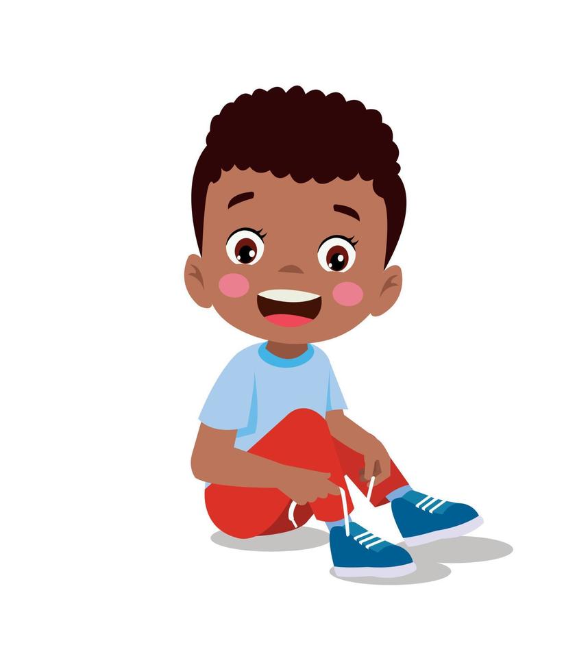 cute little boy tying his shoelaces vector