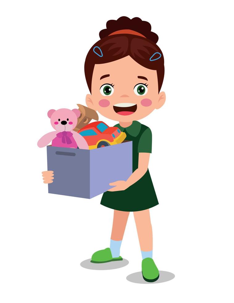 cute boy picking up his toys in the toy box vector