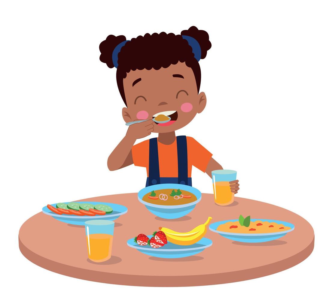 cute little boy eating at the dinner table vector