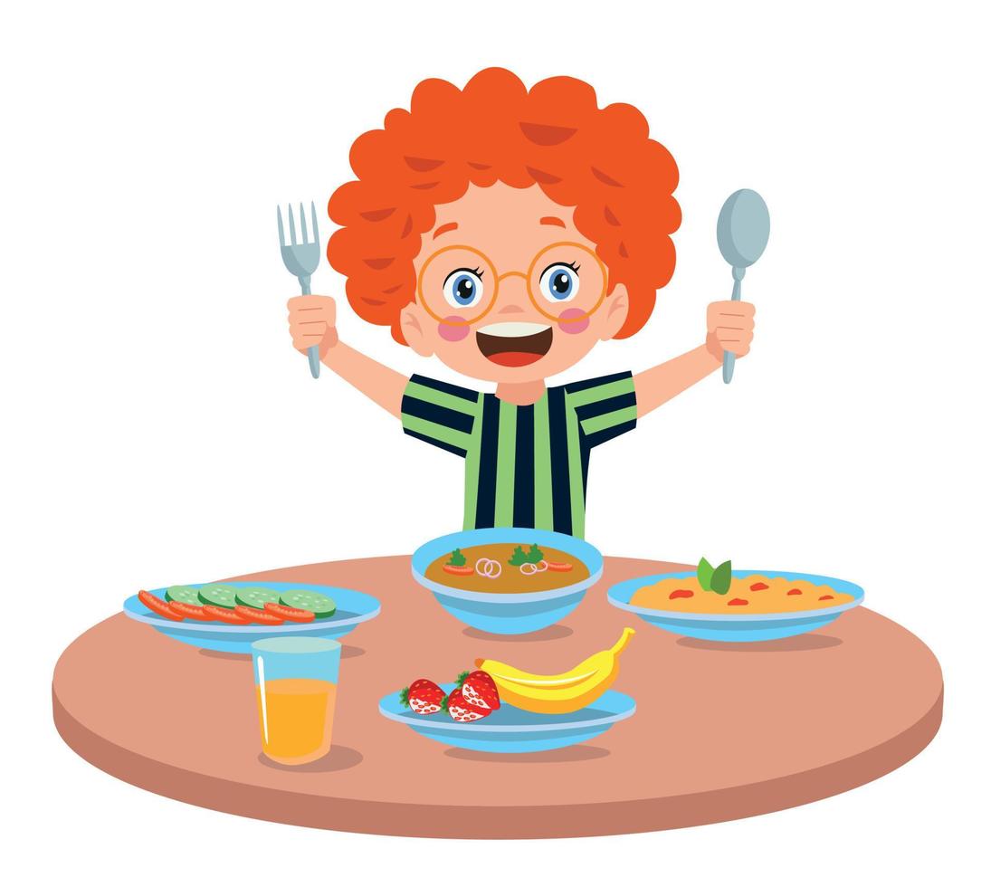 cute little boy eating at the dinner table vector