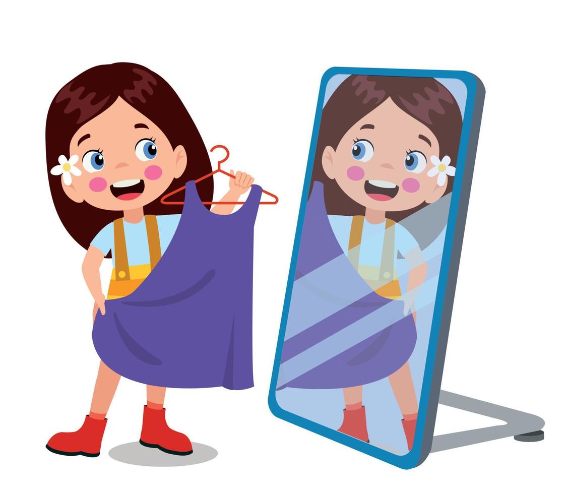 happy little boy standing in front of mirror looking his reflection with new clothes vector