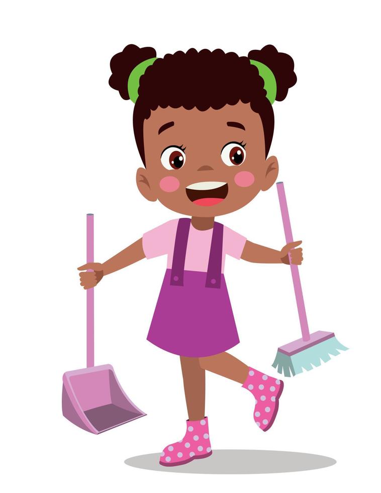 cute little boy cleaning with broom and shovel vector