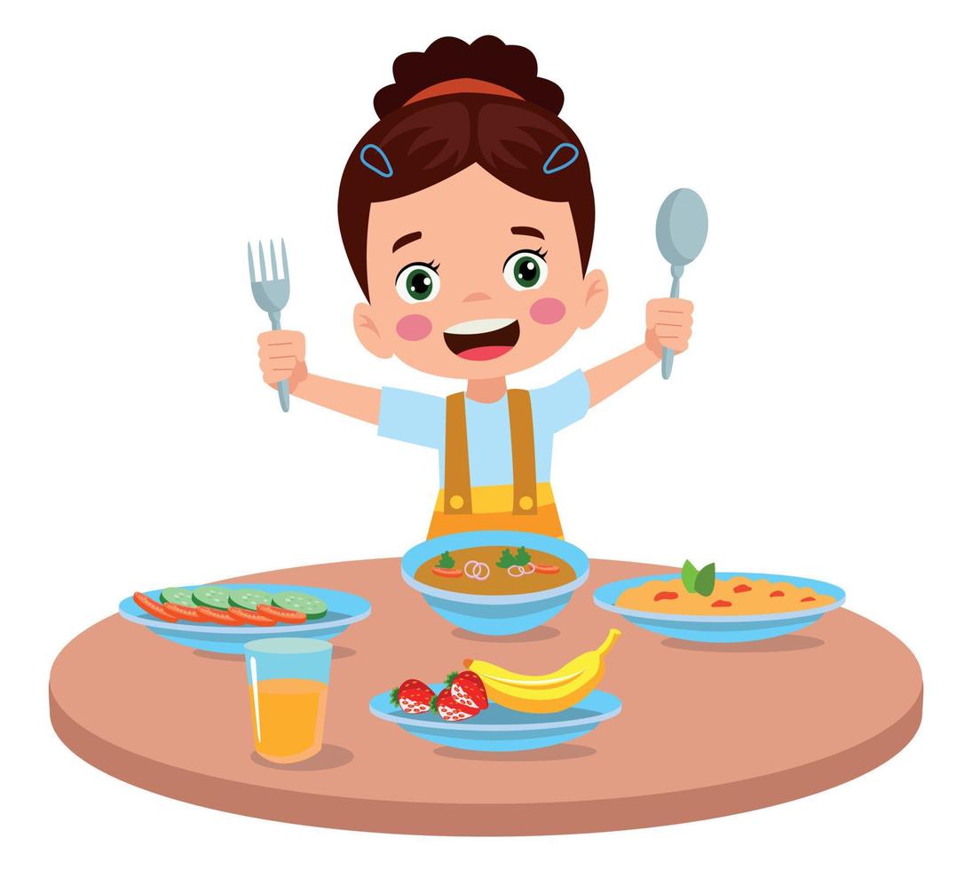 cute little boy eating at the dinner table vector