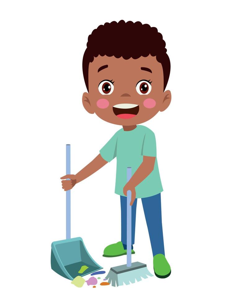cute little boy cleaning with broom and shovel vector