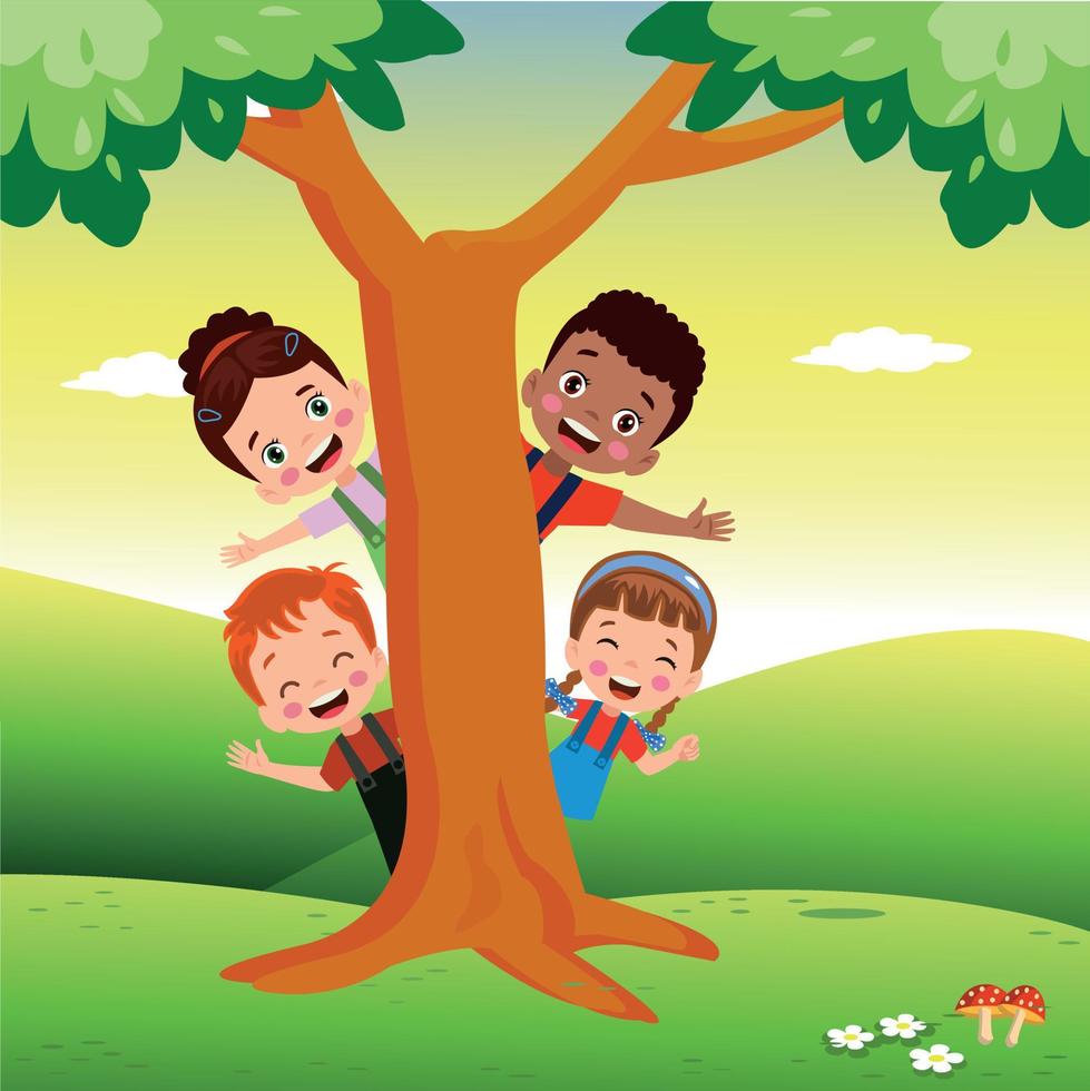 lindos niños pequeños mirando desde detrás del árbol vector