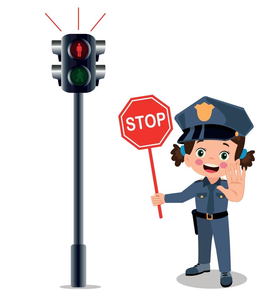 feliz y lindo niño pequeño con uniforme de policía y sosteniendo una señal de stop vector